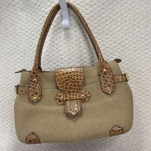 Eric Javits New York Handbag Squishee Woven Straw Croc Embossed Satchel Purse